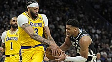 Anthony Davis (vlevo) z Los Angeles Lakers se petahuje o mí s Janisem...