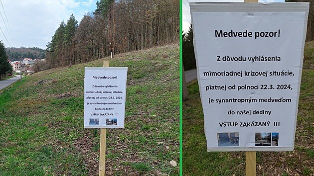 V Trnavé Hore vyvěsili na krajích obce cedule s nápisem zakazujícím medvědům vstup do obce. (22. března 2024)