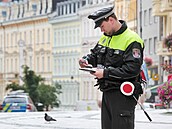 Stráník karlovarské mstské policie pi kontrole oprávnnosti vjezdu...