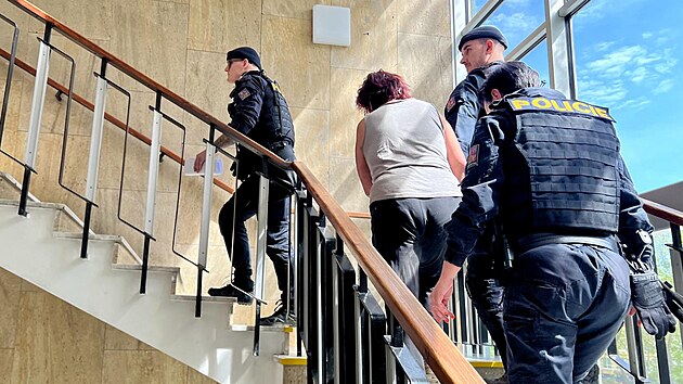 Policejn eskorta pivd k Okresnmu soudu v Most devtatyicetiletou enu, kterou kriminalist obvinili z vrady estapadestiletho mue. (12. dubna 2024)