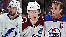 Zleva Nikita Kuerov, Nathan MacKinnon a Connor McDavid