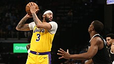 Anthony Davis (vlevo) z LA Lakers kontroluje situaci kolem sebe bhem zápasu...