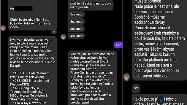 Policisté zveejnili i screenshoty komunikace vydíraného mue s pachatelem.