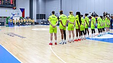Basketbalistky ZVVZ USK Praha (vpravo) a abin Brno pi eské hymn