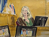 Stephanie Cliffordová vypovídá na lavici svdk u trestního soudu na Manhattanu...