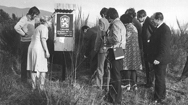 Slavnostn vyhlen CHKO Slavkovsk les, zasazen prvn hranin tabule u Manskho dvora 3. kvtna 1974. (Zdroj: archiv sprvy CHKO Slavkovsk les)