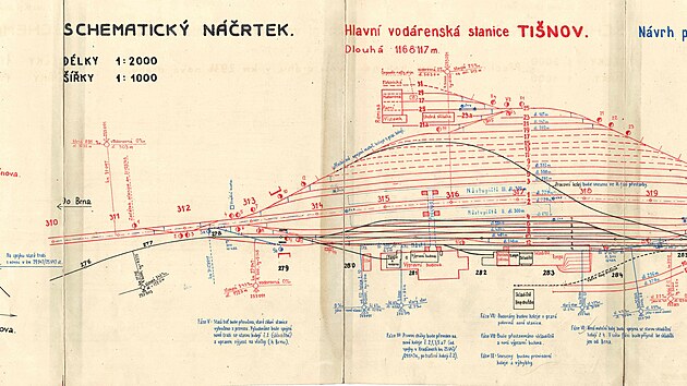 Plán přestavby stanice Tišnov z listopadu 1950. Černě je vyznačen stávající stav, červeně nové koleje.