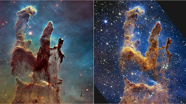 Porovnání snímků Pilířů stvoření. Vlevo fotografie z Hubbleova teleskopu, vpravo z teleskopu Jamese Webba.