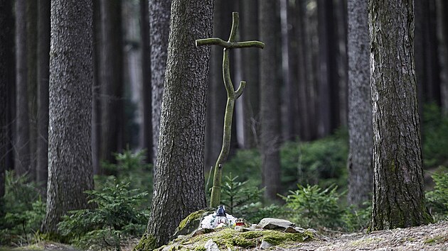 Dnes místo vraždy Anežky Hrůzové na okraji lesa Březina připomíná malá cedulka na stromě a o kousek dál kříž jakoby spletený z větví.