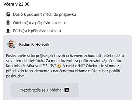 Z Facebookového profilu asistenta poslankyně Bereniky Peštové (ANO), Radima...