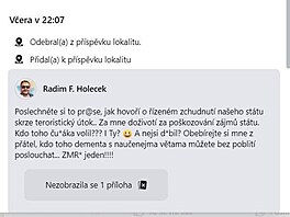 Z Facebookového profilu asistenta poslankyně Bereniky Peštové (ANO), Radima...