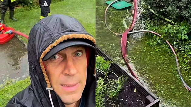 Herci Romanovi Vojtkovi pomáhali hasiči odčerpávat vodu ze zahrady u jeho domu v Mníšku pod Brdy (září 2024).