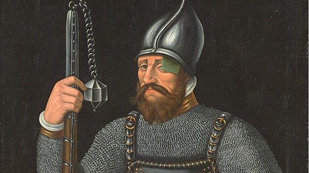 Jan Žižka jako udatný rytíř a mstitel hříchů římské církve na olejomalbě ze 16. století. Nad jeho hlavou je latinský nápis, který v češtině zní: „Jan Žižka z Trocnova, přísný mstitel pýchy a lakoty kněžské.