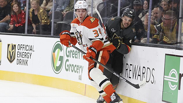 Pavel Minťjukov (vlevo) z Anaheimu a Tomáš Hertl z Vegas bojují u mantinelu o puk.