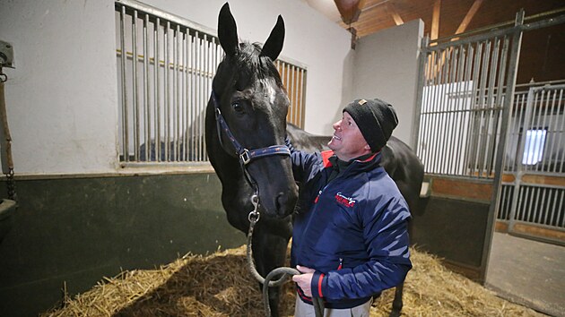 Vítěz Velké pardubické Godfrey s trenérem Daliborem Törökem ve zhořské stáji DS Pegas. (2024)