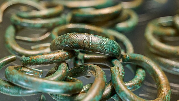 Výstava Hradisko u Kroměříže - pevnost z doby bronzové v Muzeu Kroměřížska. Na snímku poklad z depotu Hradisko 3 (14.-13. stol. př.n.l.) (říjen 2024)