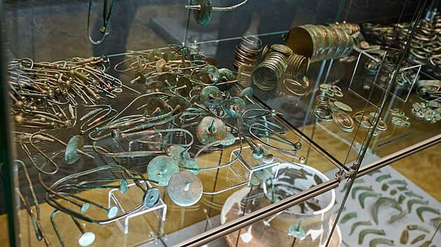 Výstava Hradisko u Kroměříže - pevnost z doby bronzové v Muzeu Kroměřížska. Na snímku poklad z depotu Hradisko 3 (14.-13. stol. př.n.l.) (říjen 2024)