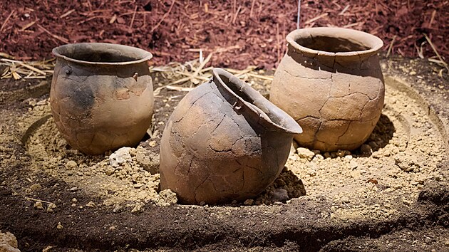 Výstava Hradisko u Kroměříže - pevnost z doby bronzové v Muzeu Kroměřížska. Na snímku ukázka z pohřebnictví. (říjen 2024)