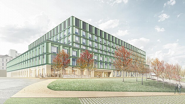 Vizualizace podoby nového ústředního pavilonu B olomoucké fakultní nemocnice, jehož stavba nyní začala. Pohled z ulice I. P. Pavlova.