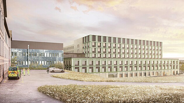 Vizualizace podoby nového ústředního pavilonu B olomoucké fakultní nemocnice, jehož stavba nyní začala. Pohled z jihozápadu.