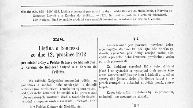 Koncese místní dráhy Slezská Ostrava - Michálkovice z 12. prosince 1912