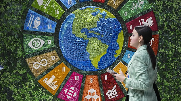 Žena prochází kolem uměleckých děl v pavilonu Turecka na klimatickém summitu OSN COP29. (14. listopadu 2024)