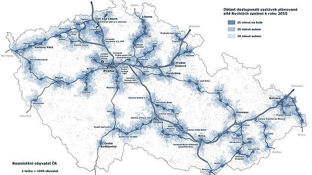 Správa železnic zpracovala mapu dostupnosti zastávek vysokorychlostních tratí.