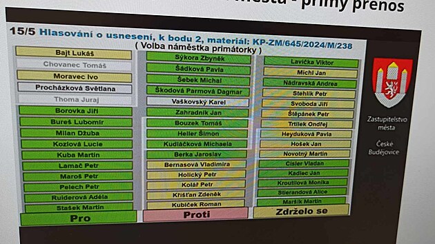 Hlasování o tom, že bude náměstek primátorky Petr Maroš pracovat jako uvolněný. (listopad 2024)
