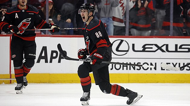 Martin Nečas z Caroliny jásá po gólu, který vstřelil v utkání proti Dallasu.