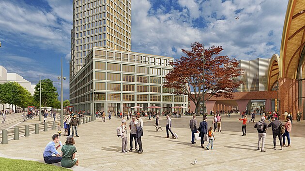 Přednádražní prostor včetně tramvajových zastávek. V pozadí se nachází stometrová věž určená pro hotel.