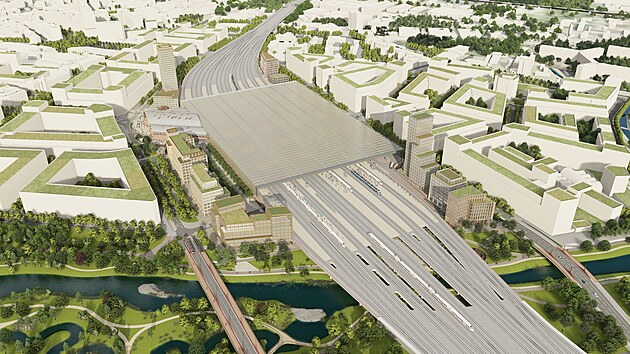 V sousedství nádražní budovy vyrostou dvě věže vysoké 90 a 100 metrů. Ta vyšší vedle vstupní haly (na snímku vlevo) poslouží pro hotel, nižší zřejmě pro administrativu.