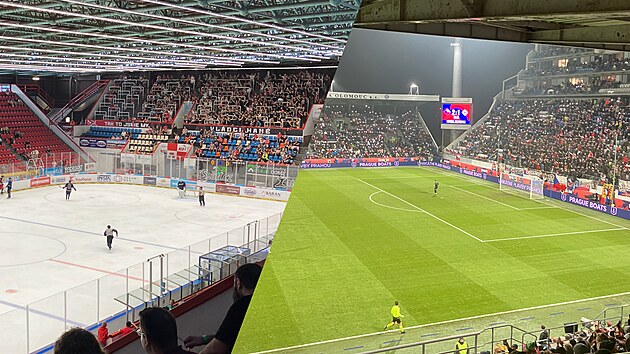 Koláž hokejové a fotbalového stadionu v Olomouci