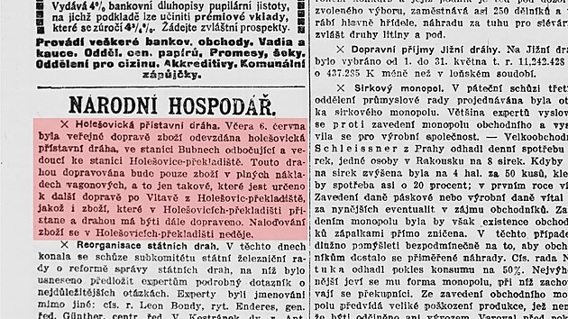 Novinová zpráva o zahájení provozu na Holešovické přístavní dráze v deníku Čas ze 7. 6. 1910