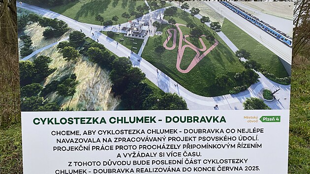 Dobrá zpráva pro cyklisty i pěší. Plzeň dokončila 1,2 kilometru dlouhý úsek od Chlumku k plzeňskému portálu pod vrchem Chlum. Zbývá ještě dobudovat posledních 200 metrů stezky, které jsou provizorně vybudované jen ze šotoliny. (20. prosince 2024)