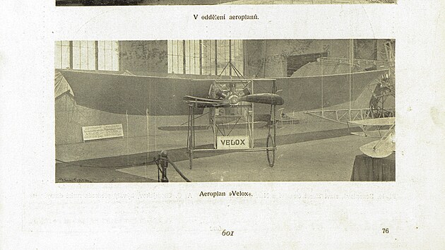 Jeden z prototypů aeroplánu firmy Velox na titulní straně týdeníku Světozor z mezinárodní výstavy automobilů a aeroplánů v Praze na jaře 1910. Datum vydáni 01.04.1910