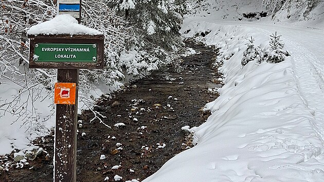Rozcestí Nad Petříkovem v údolí říčky Branná. Tady začíná táhlé stoupání na hřeben Rychlebských hor.