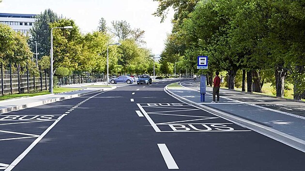 Vizualizace plánované úpravy okolí Baťovy nemocnice ve Zlíně. Měla by vzniknout nová cyklostezka i chodníky. (únor 2025)