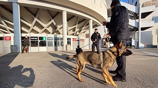 Cvičení se zúčastňují i policejní psovodi se psy.