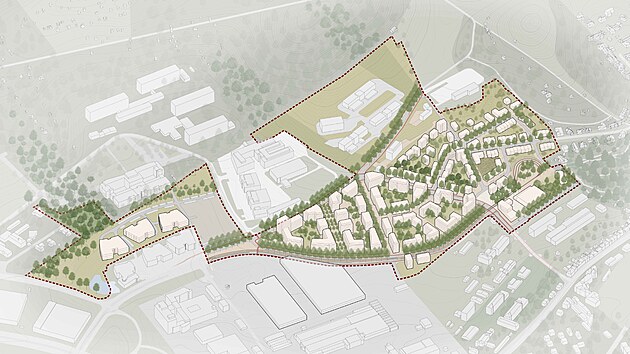 Navrhované využité lokality Technologického parku podle územní studie z dílny Kanceláře architekta města Brna. Vpravo má vzniknout zástavba s nízkopodlažními domy, na ně navážou bytovky a dál vyrostou budovy s výzkumným, výrobním nebo administrativním charakterem. Vlevo je vidět rozvoj centrální zóny parku.