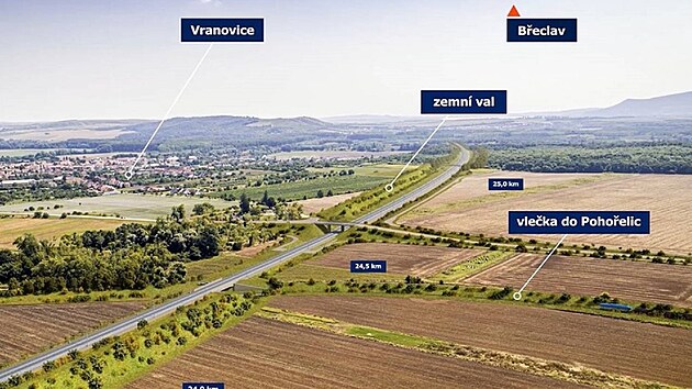 Návrh trasy rychlodráhy mezi Vranovicemi a Přibicemi. Druhá zmíněná obec chce, aby trať vedle v zářezu, tedy pod úrovní terénu. Aktuálně je navržena na zhruba třímetrovém náspu.