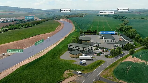 Vizualizace podoby budoucího střediska správy a údržby dálnice D6 u Lubence.