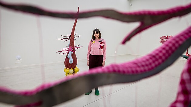 Maďarská autorka Zsófia Keresztes (na snímku) se inspirovala přírodními motivy, ale také mateřstvím, ženstvím a rodinou. Všechny sochy na výstavě jsou vytvořeny z mozaiky a textilie. (27. února 2025)