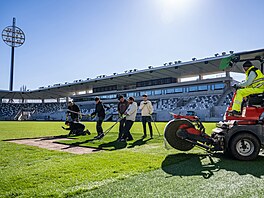 Pokládka nového trávníku na části hřiště fotbalového klubu FC Hradec Králové...