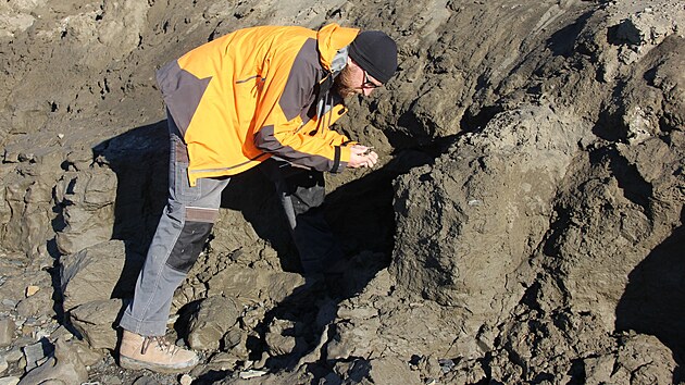 Jan Kavan zkoumá čerstvě odledněné pobřeží před ledovcem Nathorstbreen (jihozápadní Svalbard).
