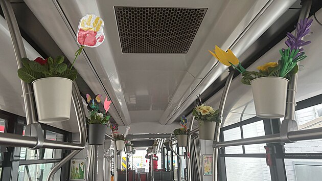 „Vezeme vám jaro,“ hlásí brněnská tramvaj vyzdobená polepy i přímo květináči uvnitř vozu. (duben 2025)