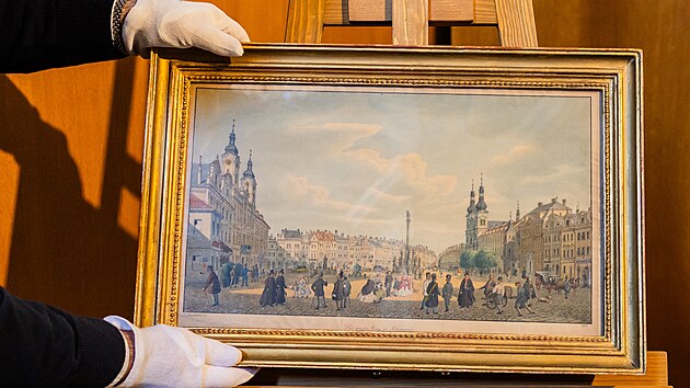 Akvarelová kresba hradeckého Velkého náměstí od Vincence Morstadta z roku 1863