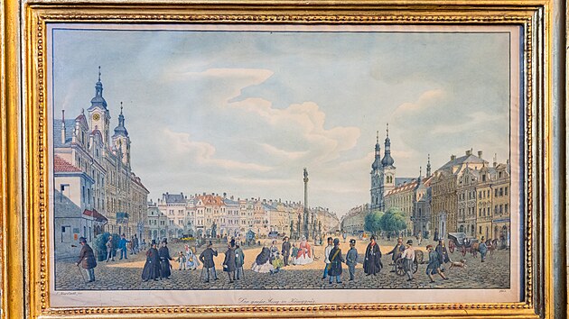 Akvarelová kresba hradeckého Velkého náměstí od Vincence Morstadta z roku 1863