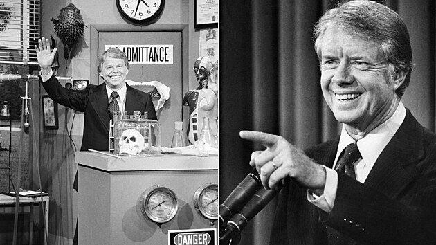 Herec Ed Beheler (vlevo) 2. března 1979. Vpravo Jimmy Carter (1977). Herec Ed Beheler (vlevo) 2. března 1979. Vpravo Jimmy Carter (1977).