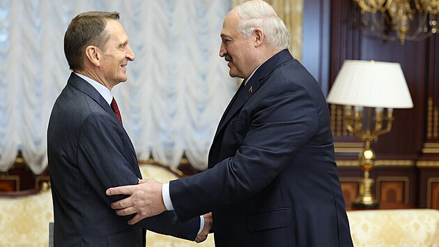 Šéf ruské civilní rozvědky SVR Sergej Naryškin se v Minsku setkal s běloruským prezidentem Alexandrem Lukašenkem. (15. dubna 2025)