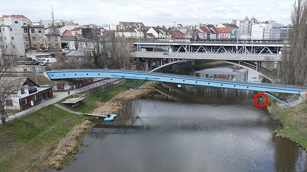 Labuťák známý jako Trenér se nečekaně vrátil na řeku Radbuzu, kde má ve zvyku prohánět trénující kanosity. Na snímku je v červeném kroužku naproti loděnici.(8. dubna 2025)